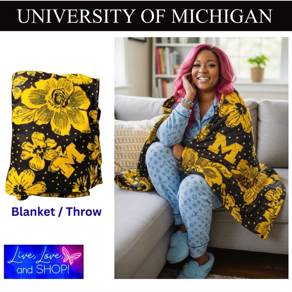VERA BRADLEY UofM Maize & Blue Cotton Collegiate Blanket 🏈 Authentic, EUC
